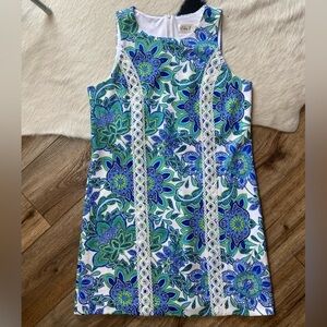 Eliza J dress with a vibrant blue and green floral pattern